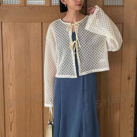 Knitted Hollow Out Top With Ribbon Tie T12 - Picture 4 of 10